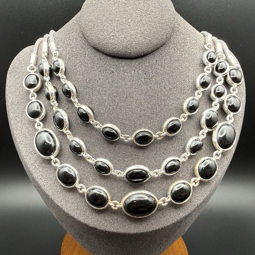 Black Cabochon 3 Strand Layered Station Necklace Chunky Silver Tone Statement